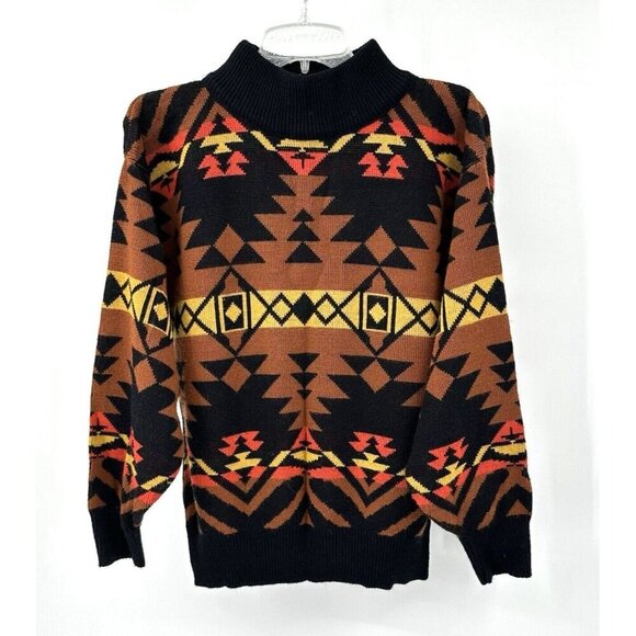 Rafferty Sweaters - vintage 80s ACRYLIC MOCK NECK SWEATER pullover aztec tribal knit colorful L